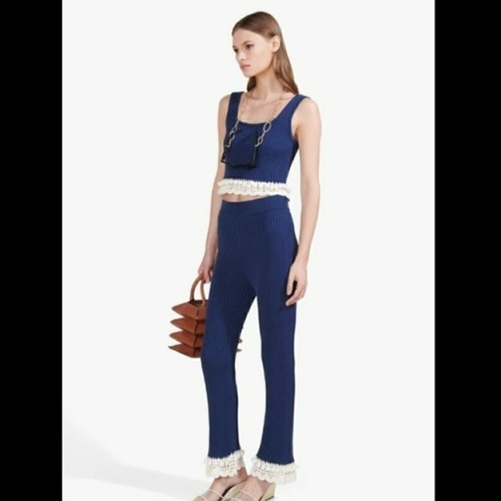 Staud Knit Pants with Crochet Trim in Navy